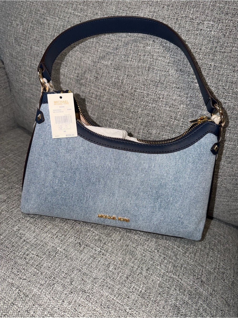 Michael Kors Maeve MD Pouchette Shoulder Handbag Blue Gold Denim & Leather NWT